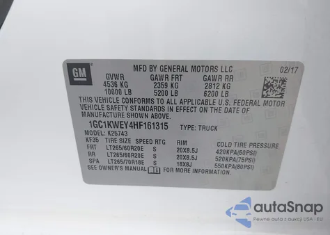 2017 Chevrolet Silverado 2500Hd Ltz z USA, uszkodzony, nr VIN 1GC1KWEY4HF161315